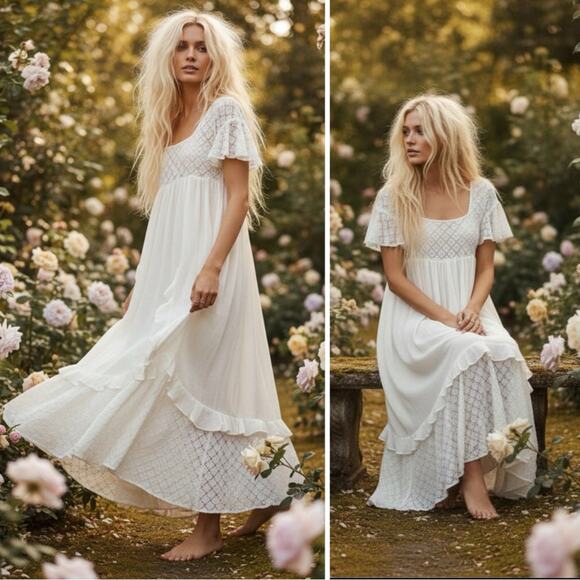 Free People Ethereal Bohemian Cottage Bring The Romance Maxi Dress White Medium - Picture 5 of 14